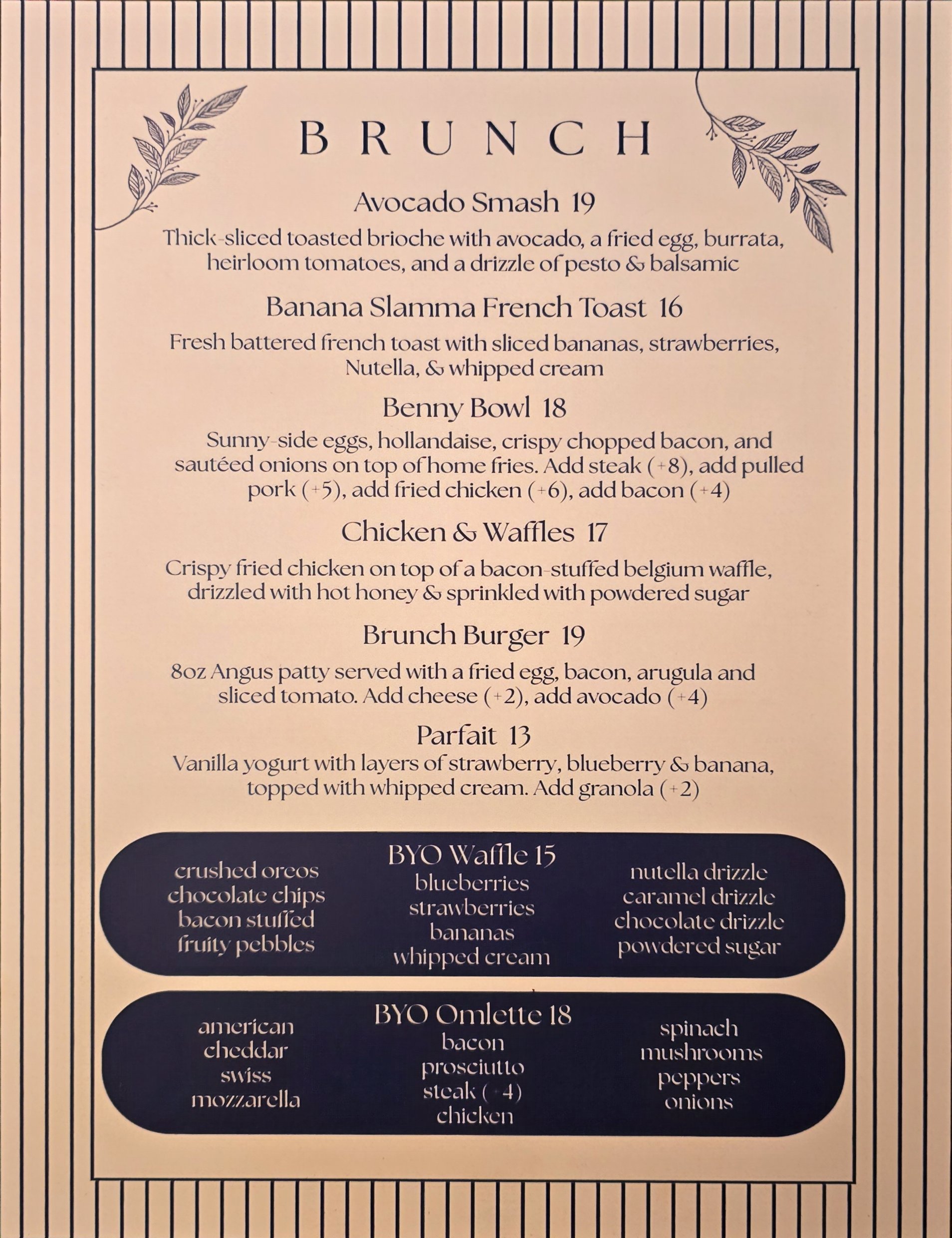 Front of our brunch menu, shows out options like french toast, parfaits, and BYO waffles.