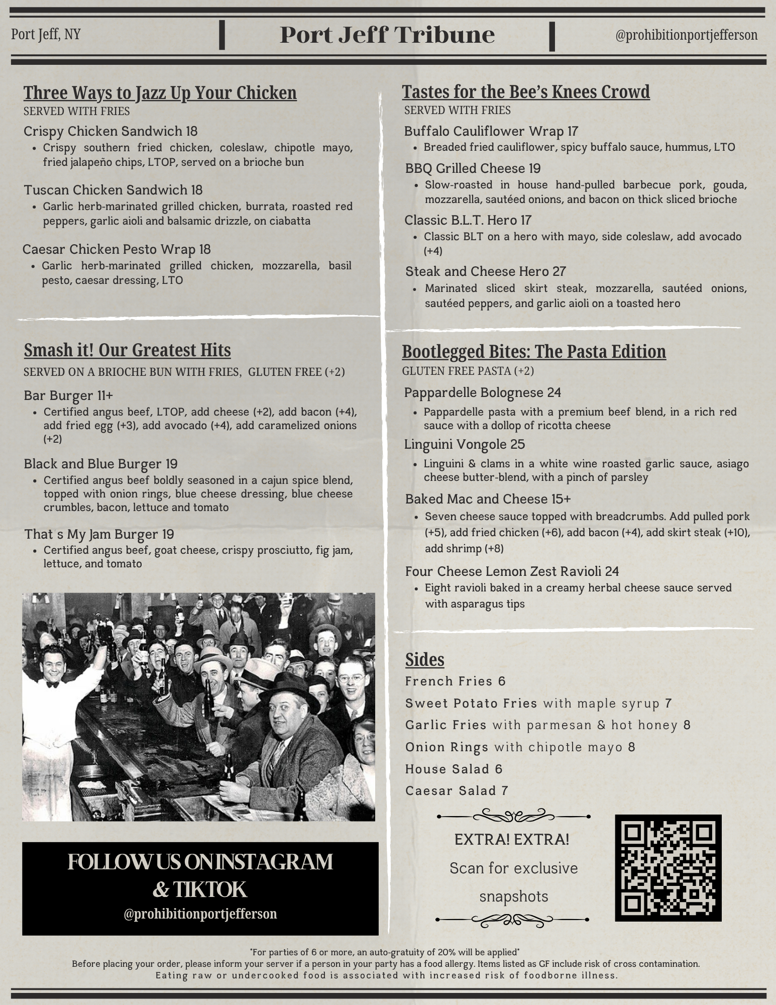 The back of our menu, options incudes burgers, chicken sandwiches, pasta dishes, other sandwiches & smaller sides. As well is a link to our social media and website.