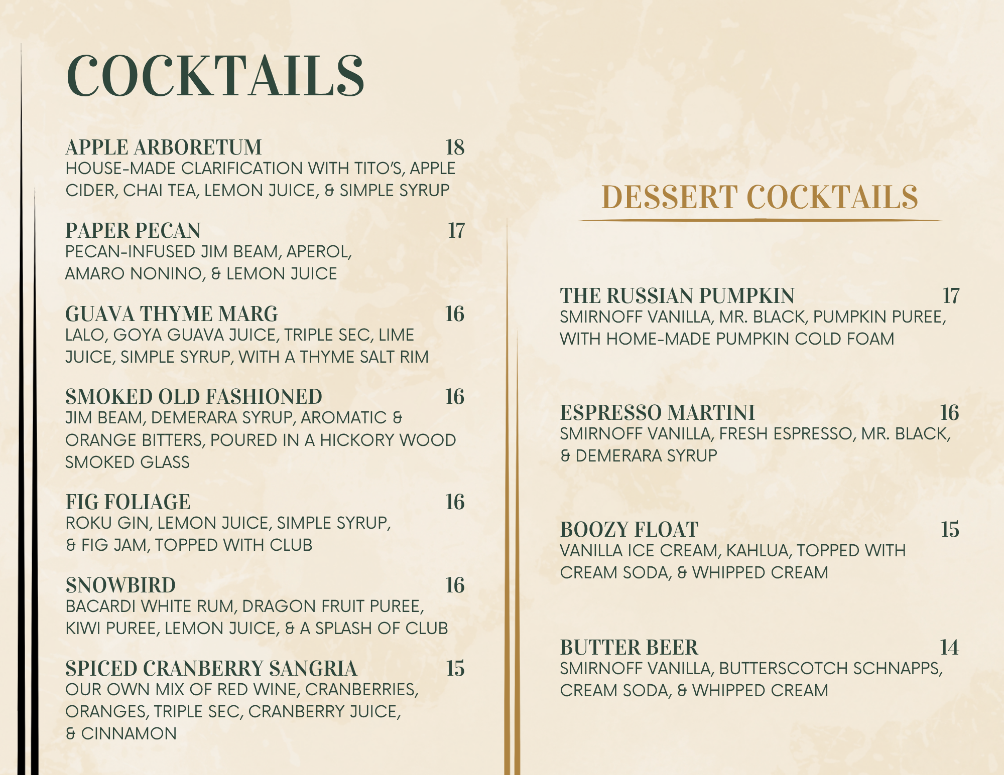 Front page showcasing all our Fall 26' cocktails