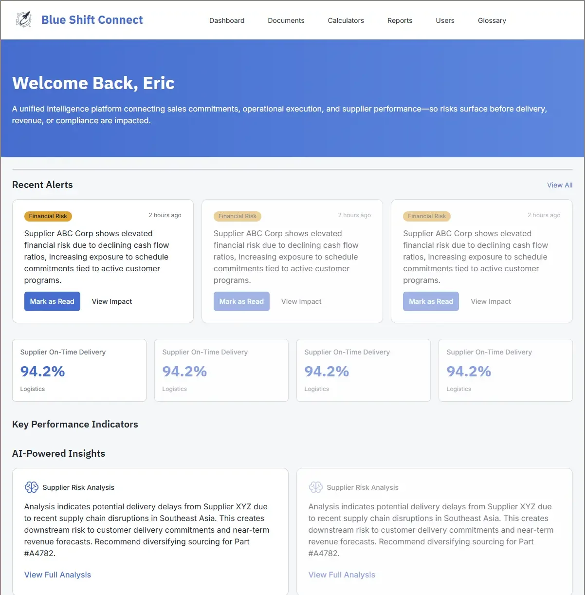 Blue Shift Connect aerospace intelligence dashboard displaying supplier risk alerts, KPI performance metrics, and AI-powered operational insights.