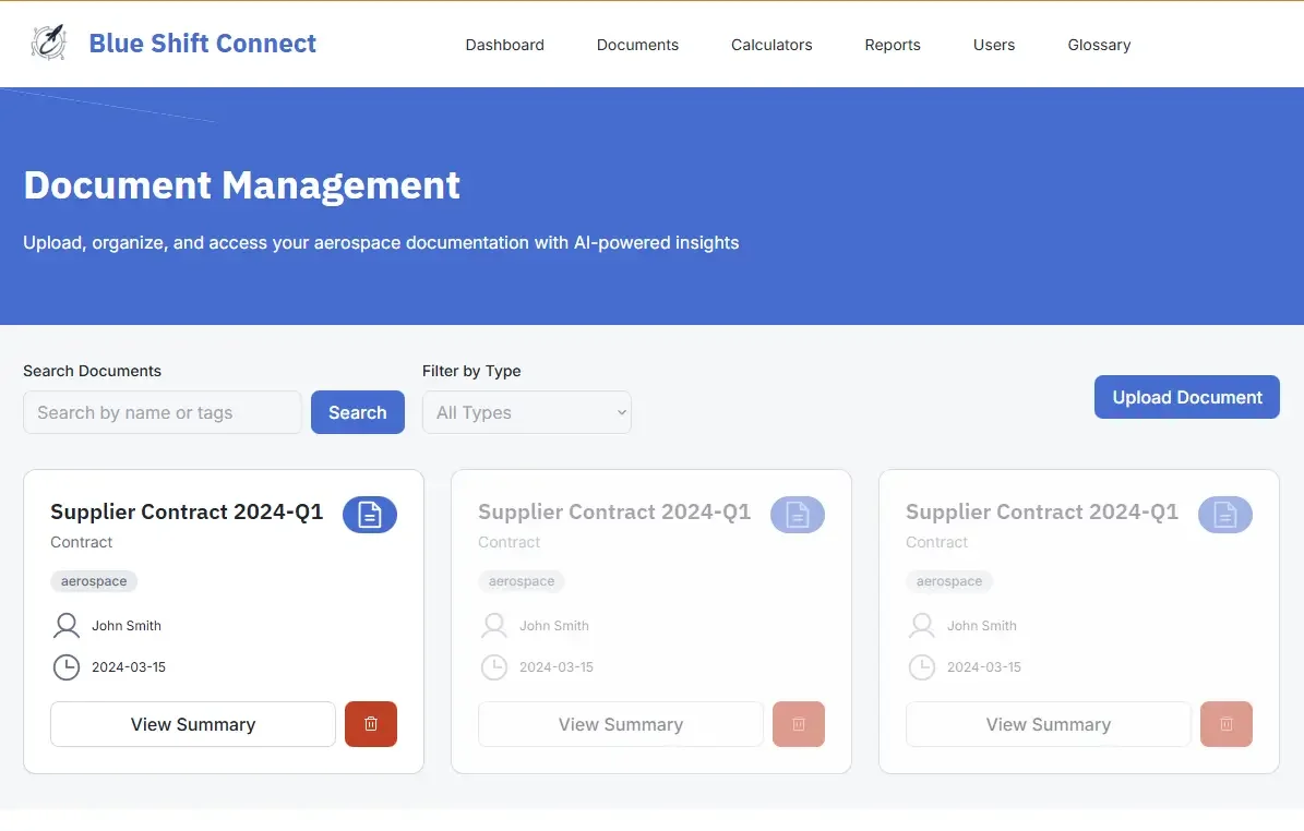 Blue Shift Connect document management dashboard for uploading, organizing, and searching aerospace procurement and supply chain documentation.