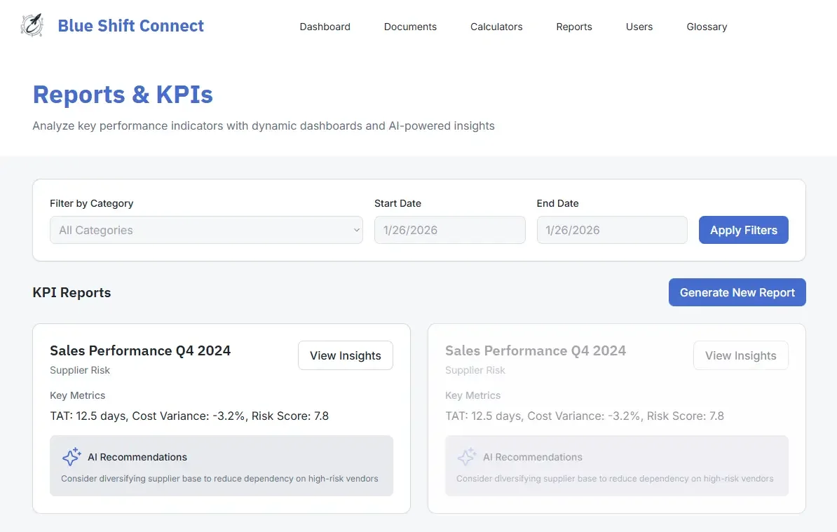 Blue Shift Connect KPI reporting page showing performance dashboards, supplier risk scoring, and AI-generated recommendations for aerospace operations.