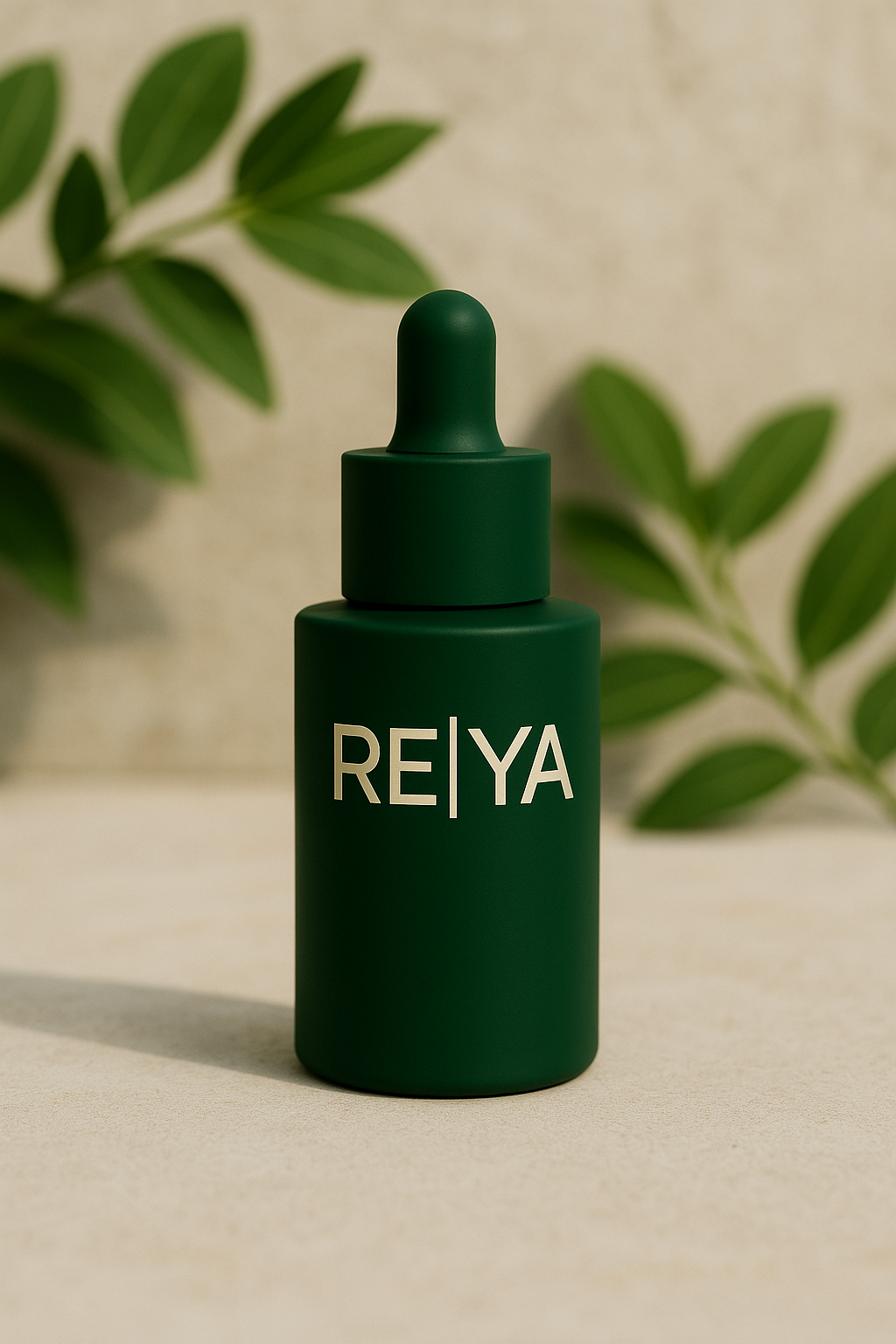 Flacon vert avec compte-gouttes et inscription RE|YA, placé sur une surface beige avec des feuilles vertes en arrière-plan.
