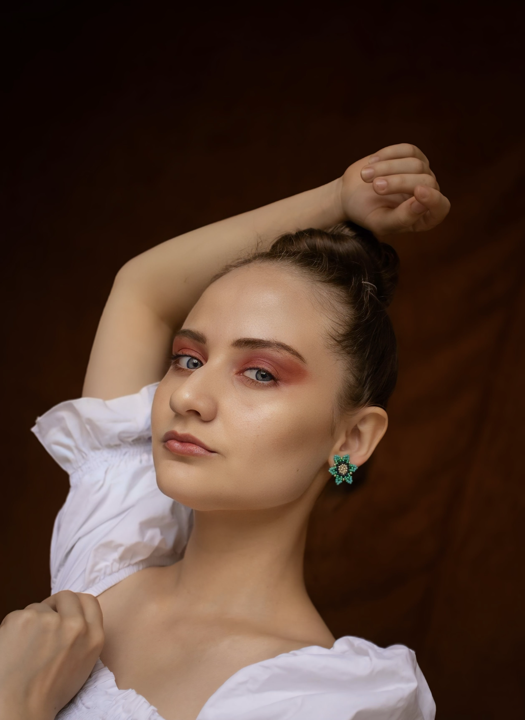 product-portrait-green-beaded-flower-earring-white-blouse.png