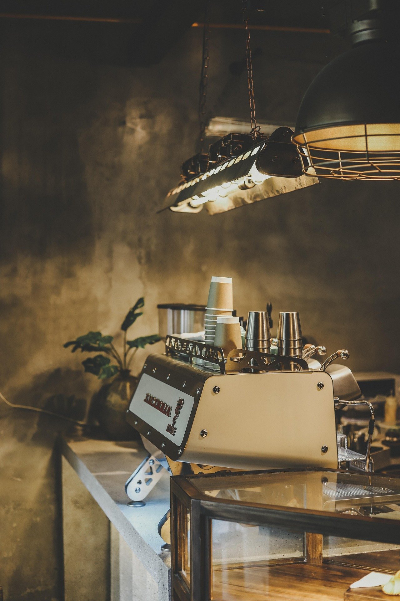 A coffee shop espresso machine on a counter, with cups and plants, hanging industrial-style lighting above, in a dimly lit interior.