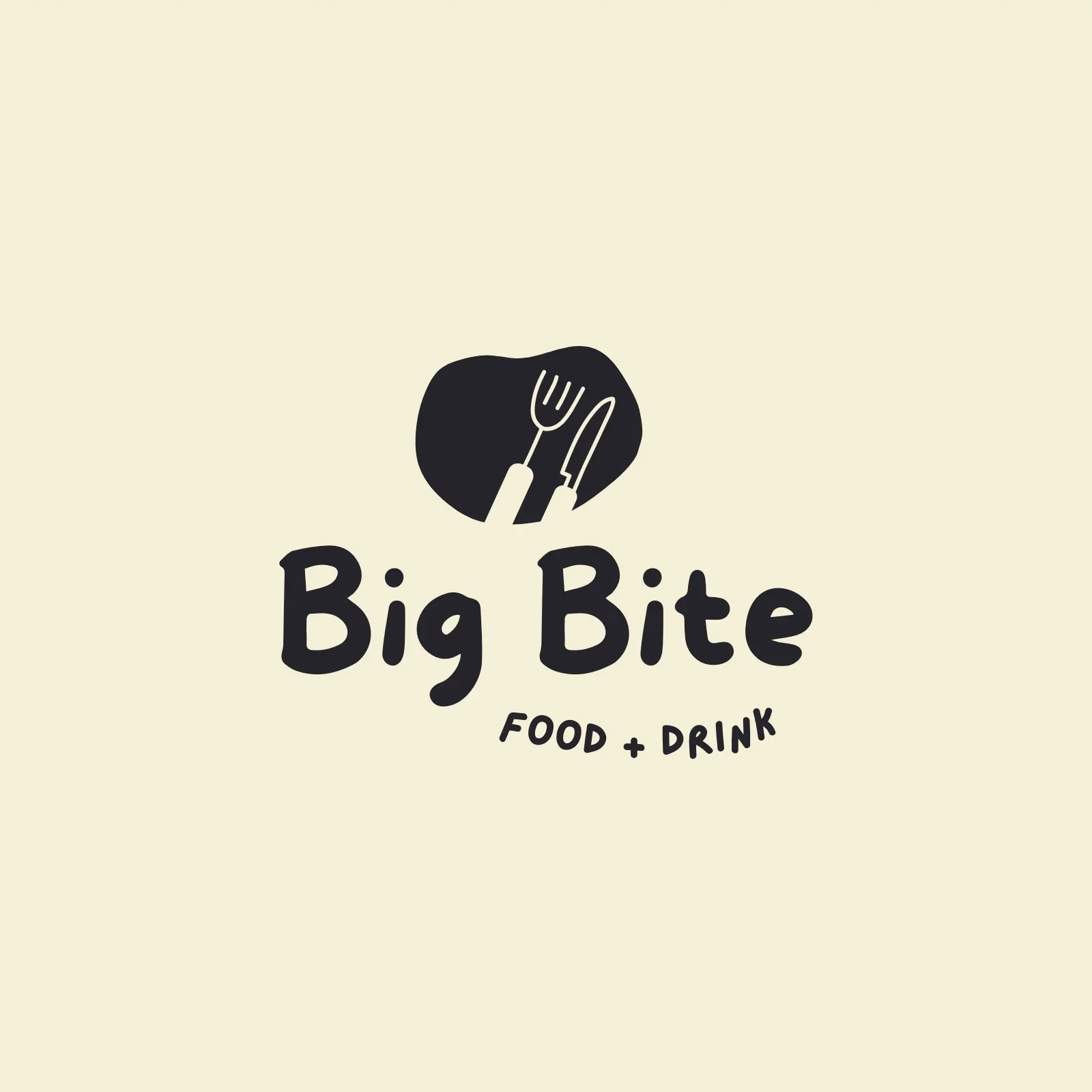 Logo for Big Bite Food + Drink, featuring a black knife and fork crossing over a black shape, with the text 'Big Bite' and 'Food + Drink' underneath.