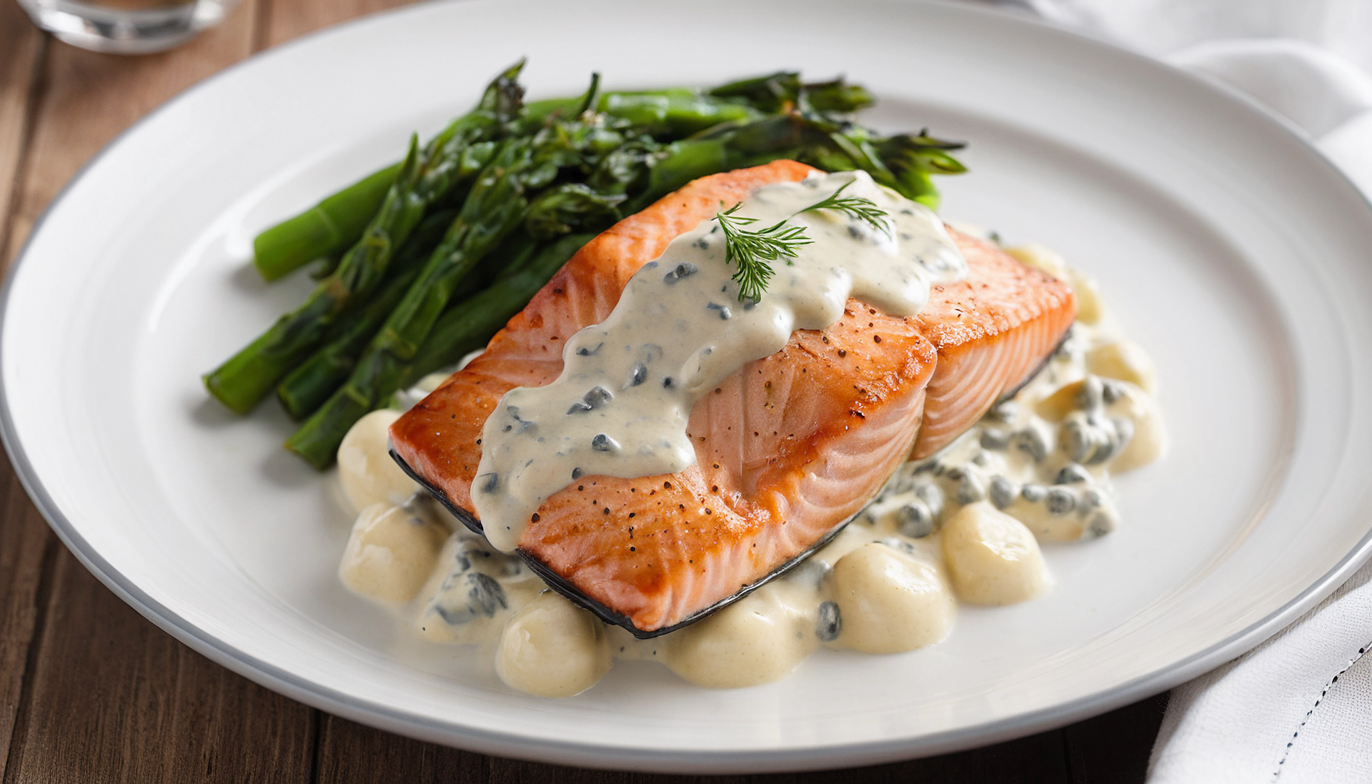 A plate of cooked salmon topped with creamy dill sauce, served with asparagus and dollops of sauce on a white dish.