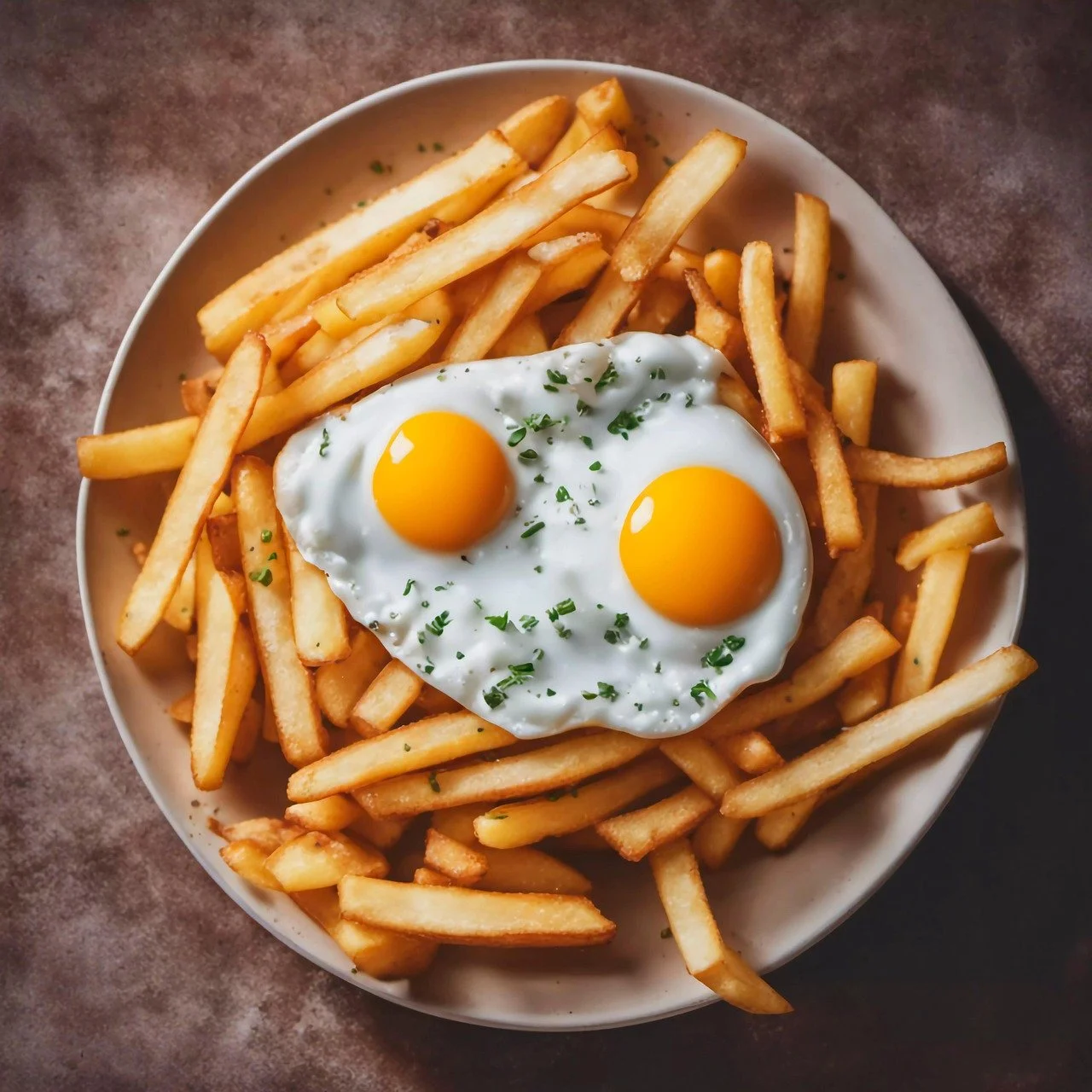 A bowl of French fries topped with two fried eggs and chopped herbs.