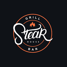 Logo for a steakhouse grill and bar featuring a circular design with the words 'Steak House' and 'Bar', and a flame icon in the center.