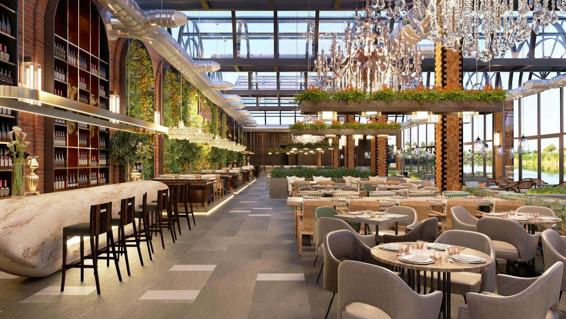 A spacious, modern restaurant with large glass windows, elegant chandeliers, and lush green plants along one wall.