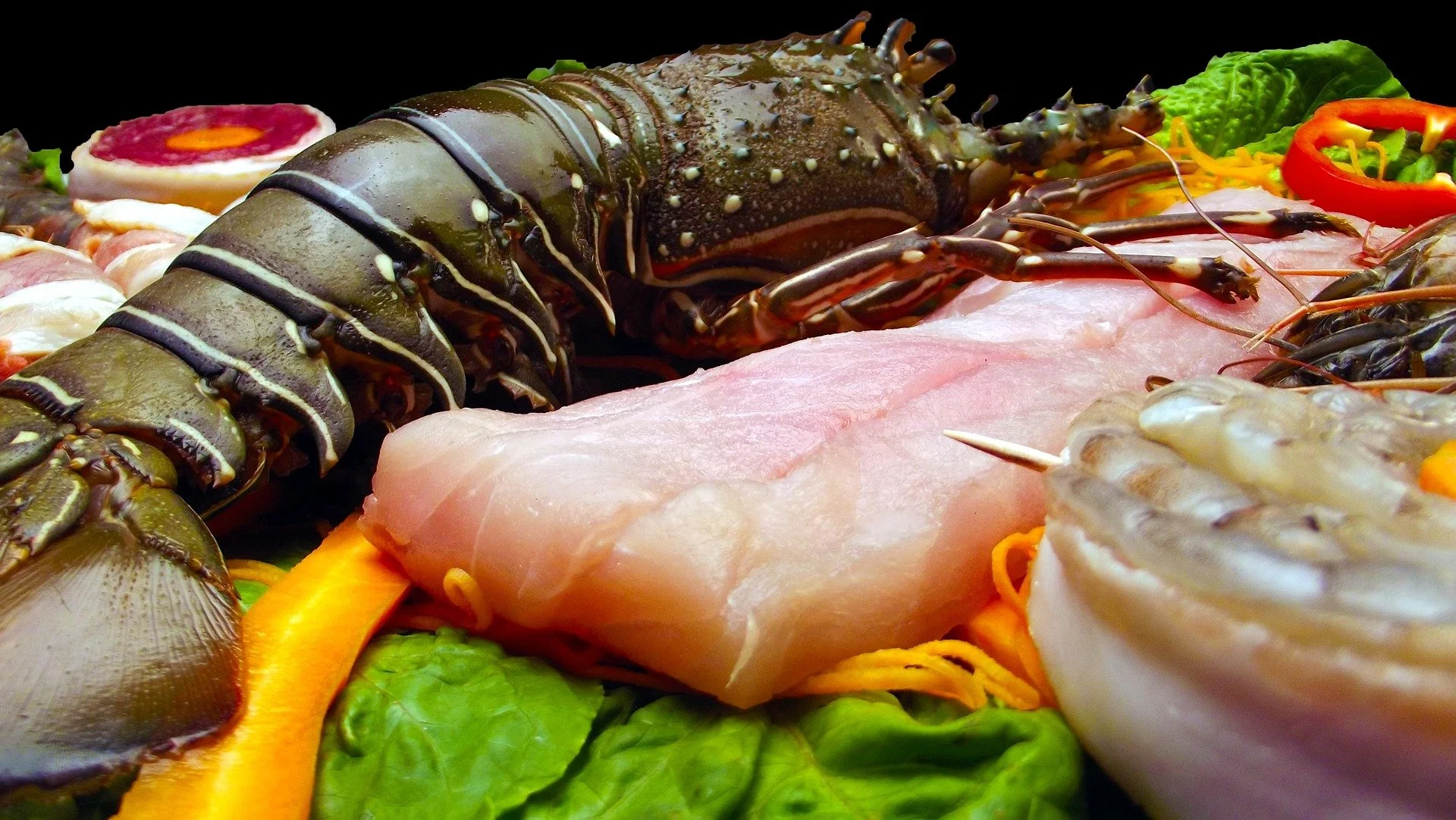 Lobster tail and raw fish fillet surrounded by colorful vegetables and greens.