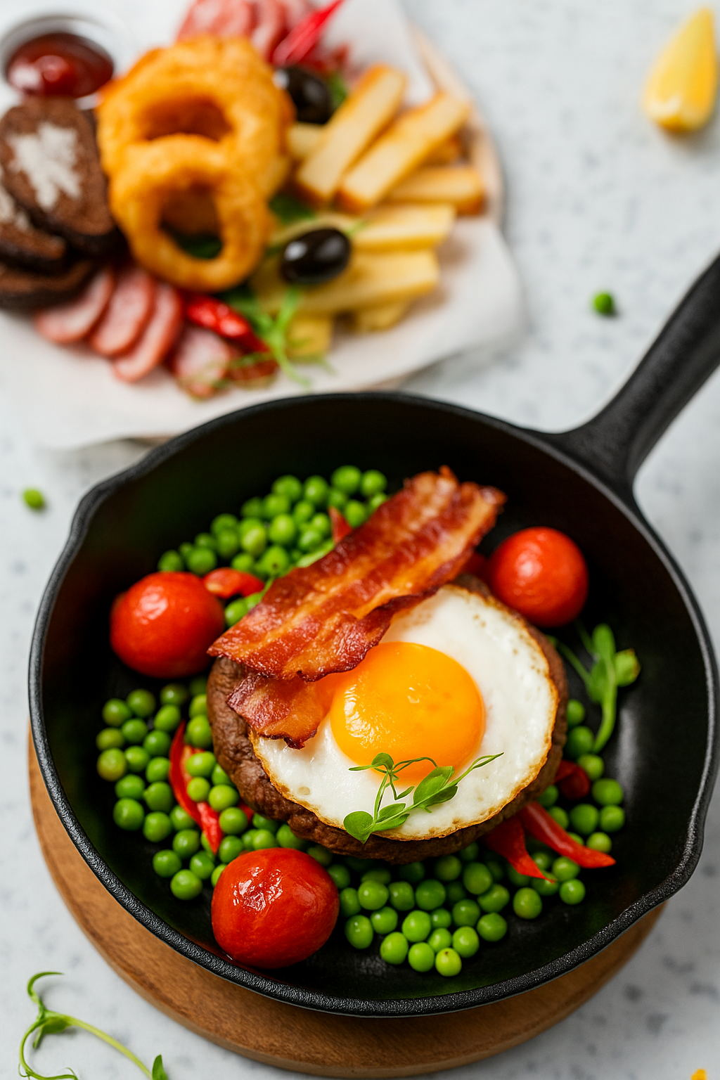 Skillet with fried egg, bacon, green peas, cherry tomatoes, and red peppers.