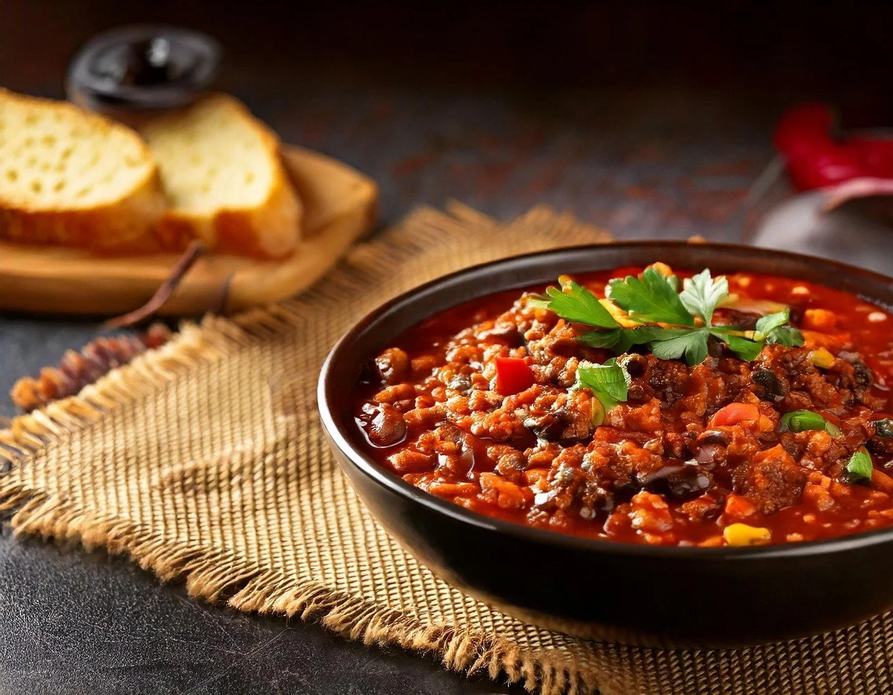 A black bowl of chili topped with cilantro, placed on a woven placemat with slices of garlic bread on a wooden tray in the background.