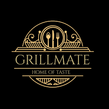 Logo for Grillmate with gold utensils and decorative design, featuring the text 'Grillmate' and 'Home of Taste' on a dark background.