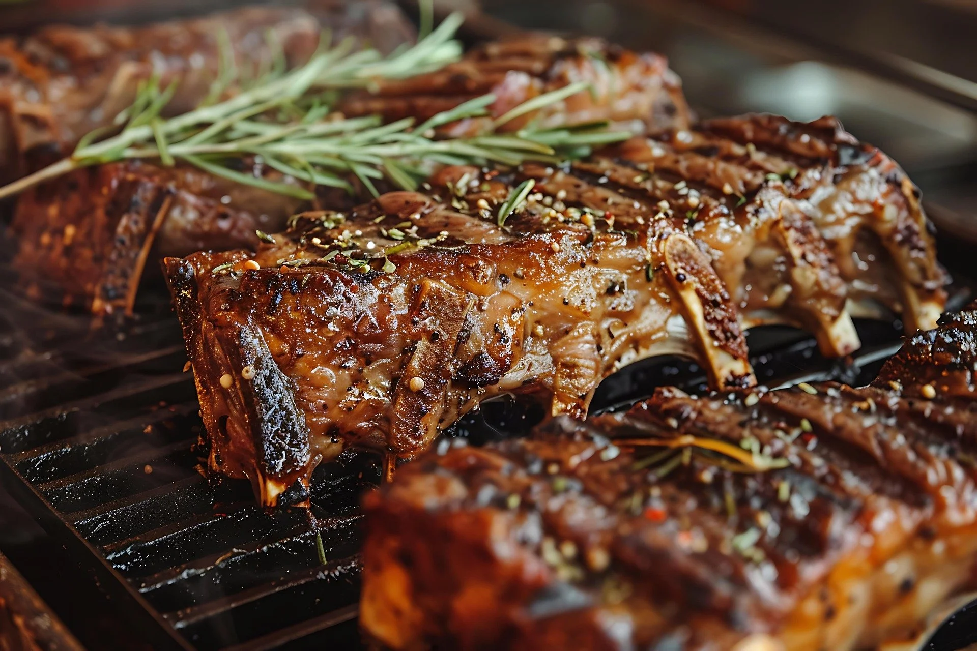 Close-up of grilled ribs garnished with herbs and spices on a grill.