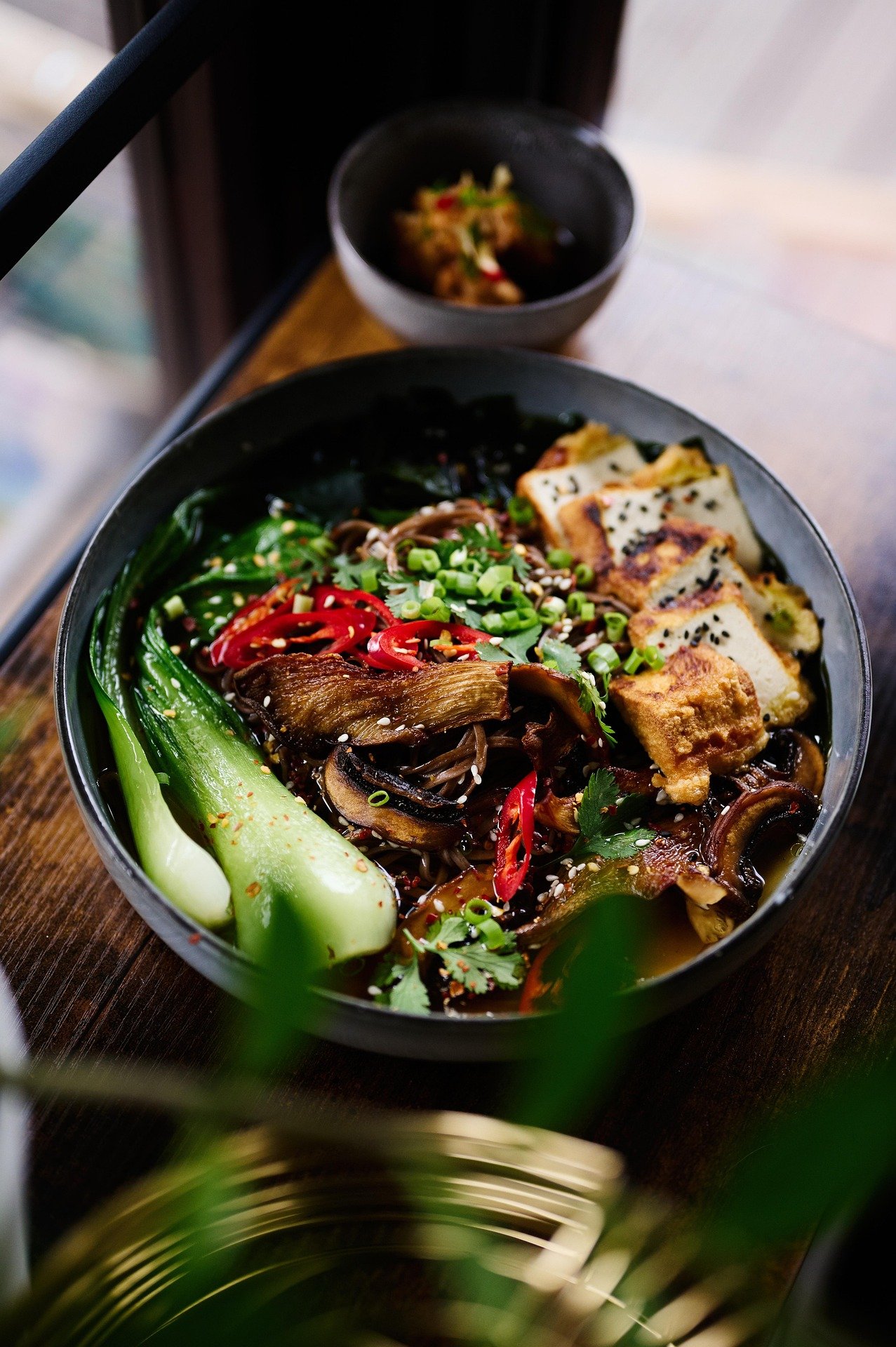 A bowl of Asian noodle soup with vegetables, tofu, and chili peppers, along with a small bowl of dipping sauce in the background.