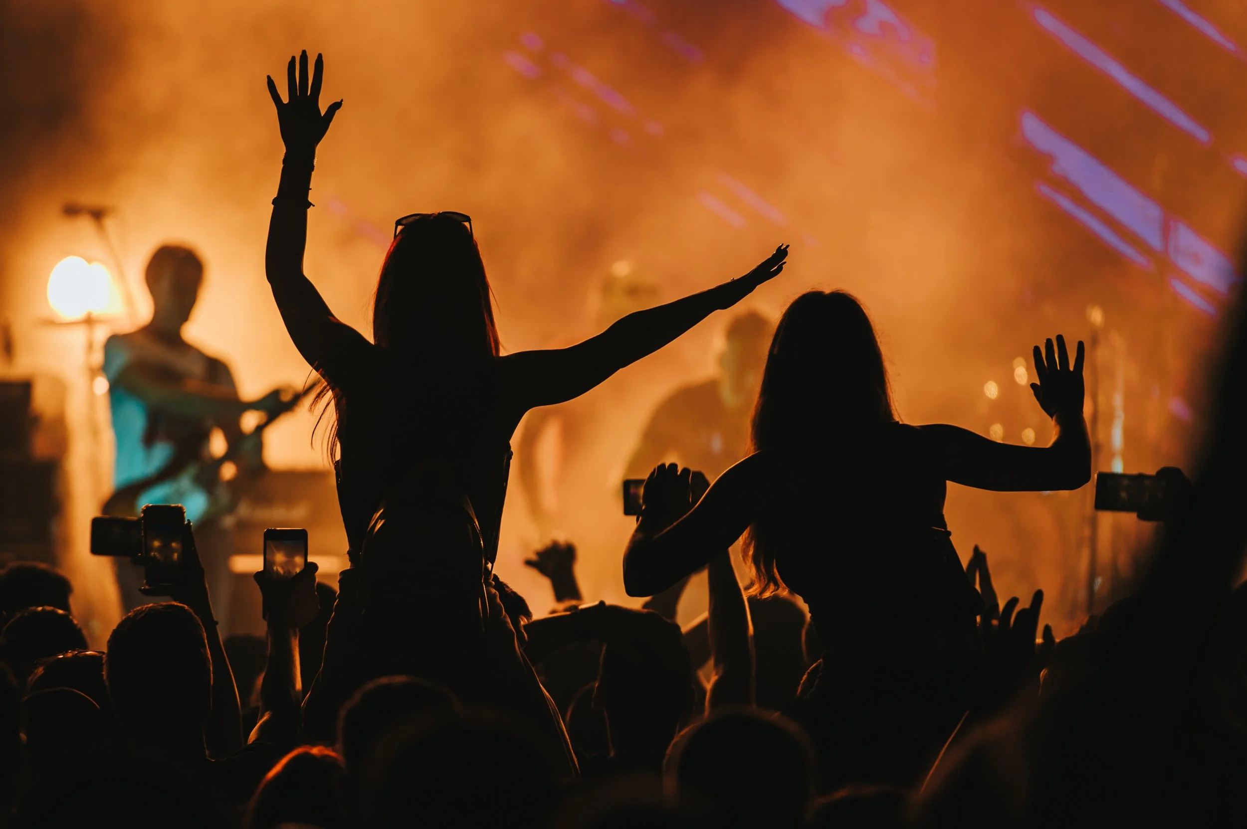 Silhouettes of people enjoying a concert with hands raised, illuminated by stage lighting in the background.