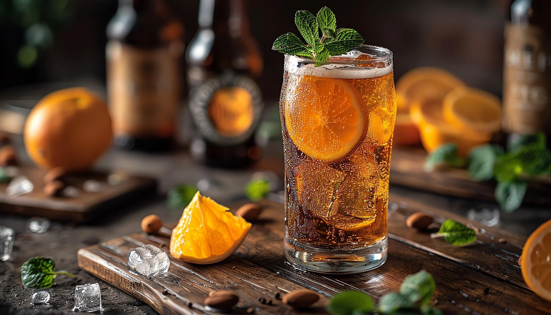A tall glass of sparkling iced orange soda garnished with an orange slice and mint leaves on top, with visible bubbles inside the drink, surrounded by orange slices, ice cubes, and mint leaves on a rustic wooden surface.