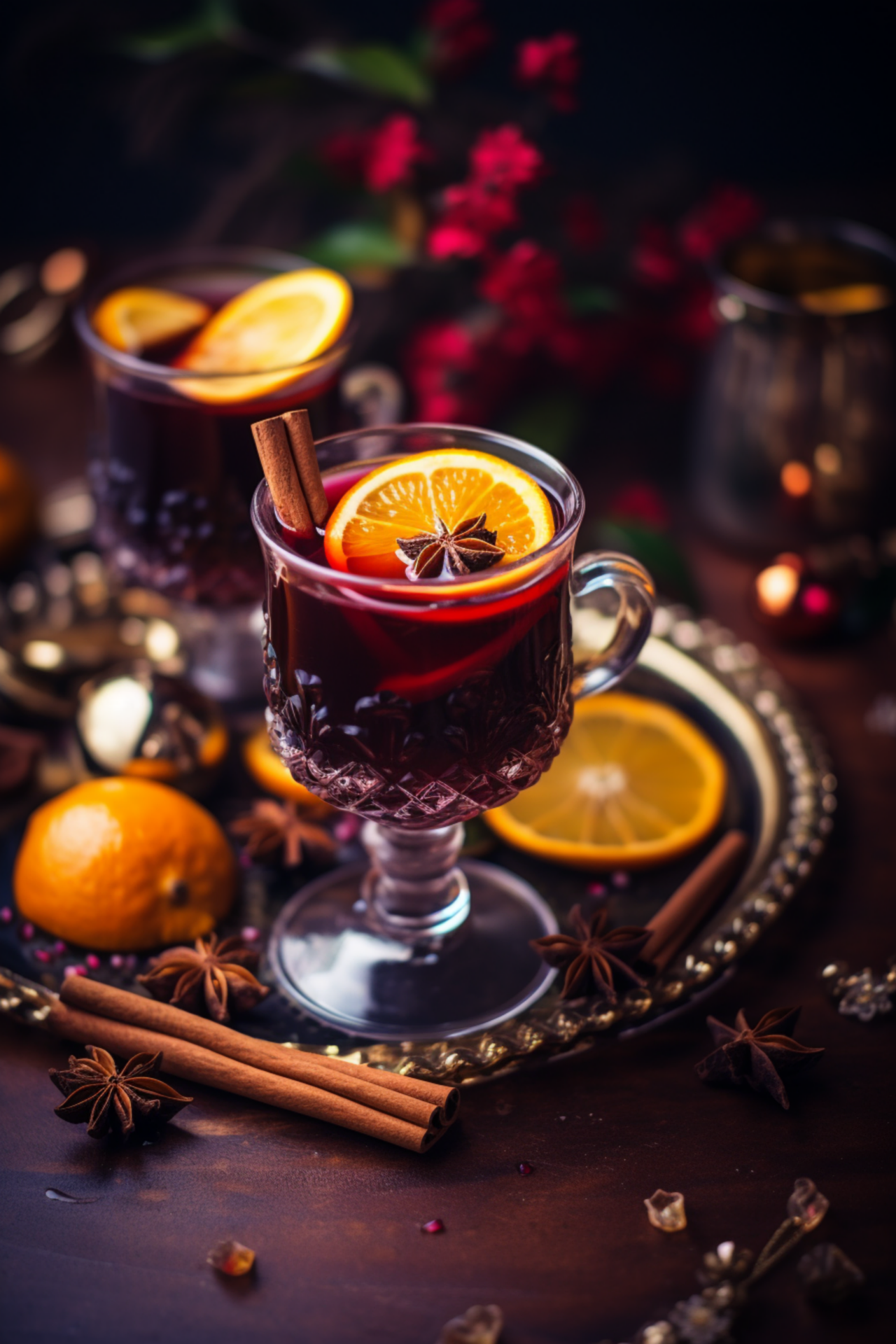 Two glasses of mulled wine garnished with orange slices, cinnamon sticks, and star anise. Surrounding the glasses are whole oranges, additional cinnamon sticks, star anise, and scattered spices on a dark wooden surface, with a decorative tray and blu