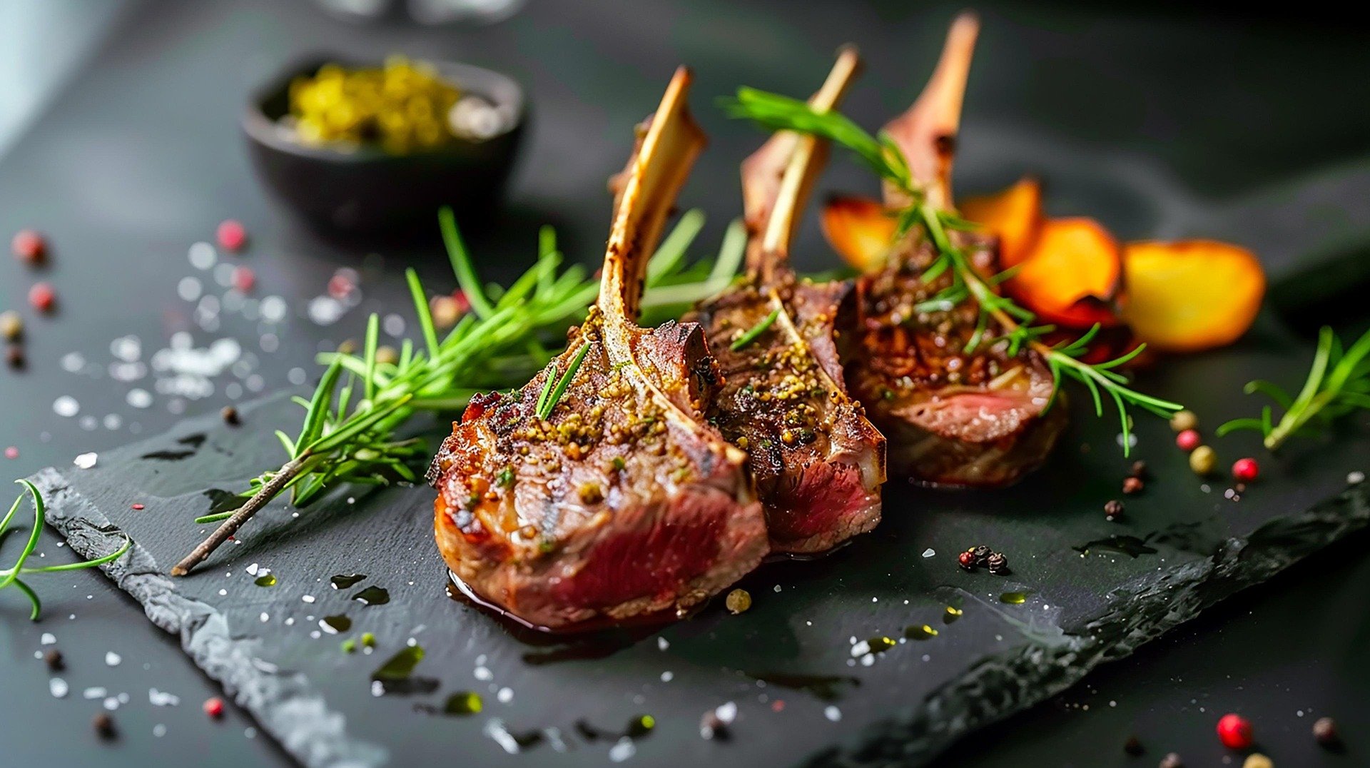 Three cooked lamb chops garnished with rosemary sprigs on a black slate serving board, seasoned with coarse salt, black and pink peppercorns, and drizzled with olive oil, with some roasted sweet potato slices in the background and a small bowl of green condiment in the back.