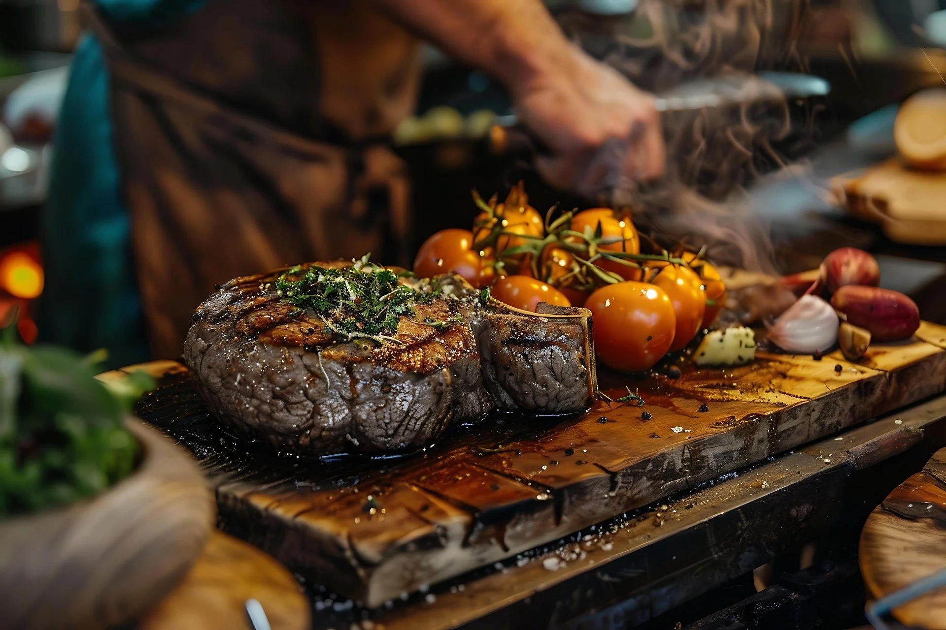 A grilled steak topped with herbs on a wooden cutting board, surrounded by cherry tomatoes, garlic, and onions.