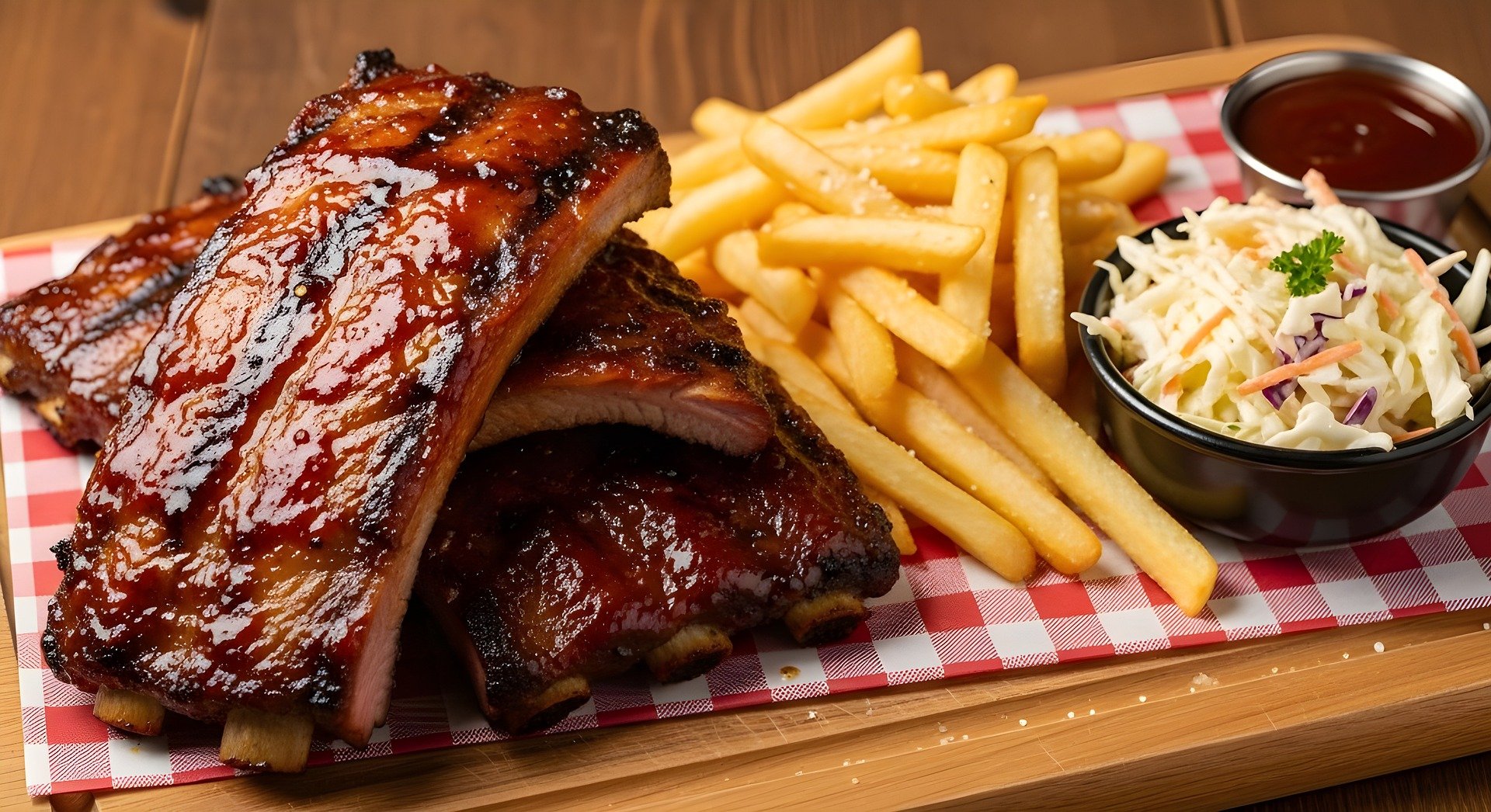 Barbecue ribs with barbecue sauce, French fries, coleslaw with shredded cabbage and carrots, and a small container of barbecue sauce on a checkered red and white paper on a wooden tray.