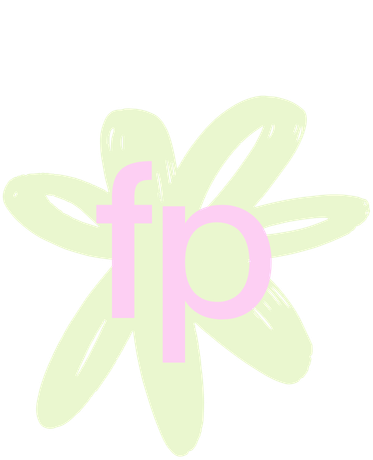 A pale yellow flower with seven petals and the lowercase letters 'fp' in pink overlapping the petals.