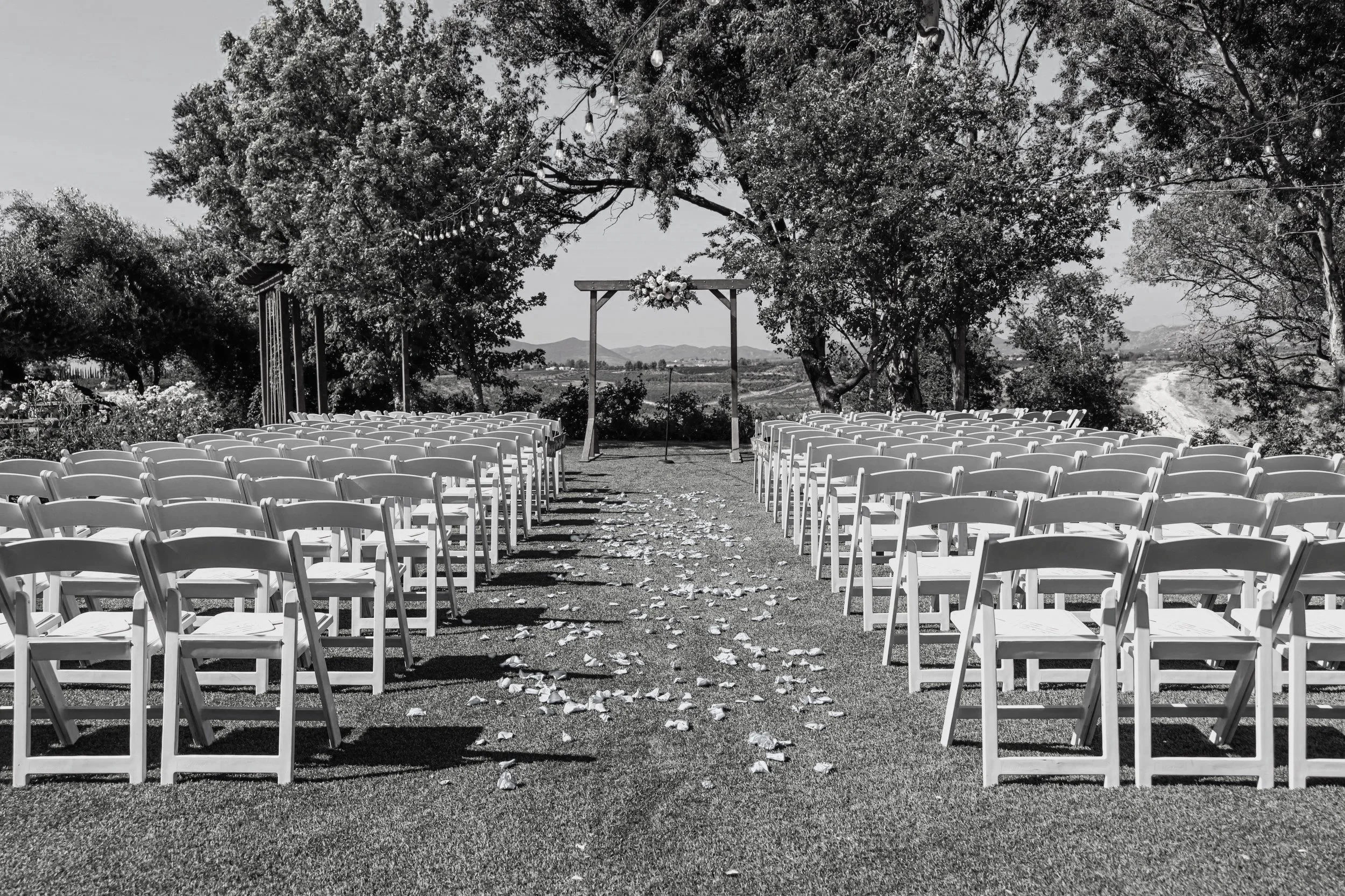 Outdoor wedding ceremony setup with white chairs arranged on grassy aisle leading to an arch decorated with flowers, under large trees with hanging lights, overlooking a scenic landscape.