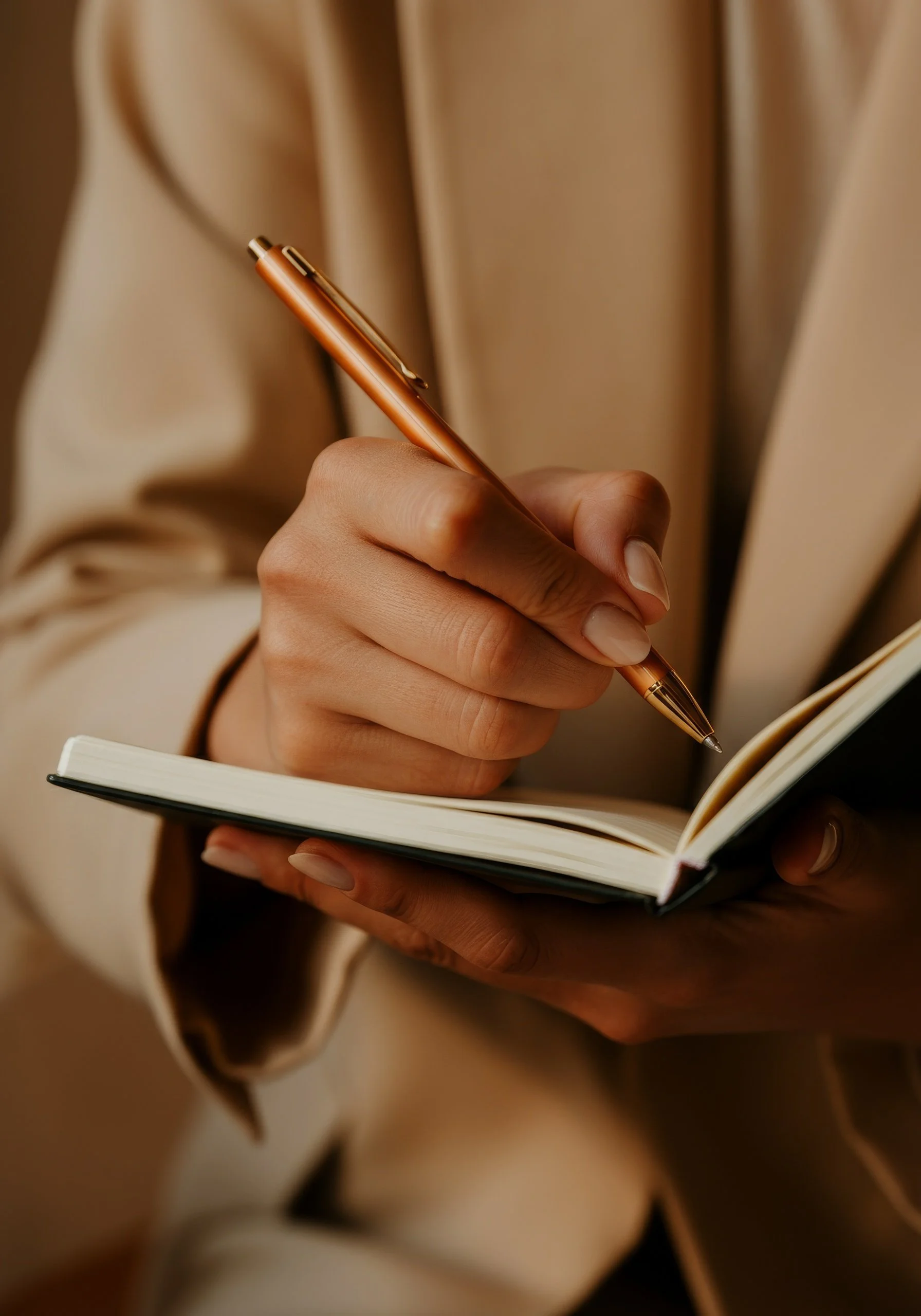 Person holding a orange pen and writing in a small notebook, wearing a beige blazer.