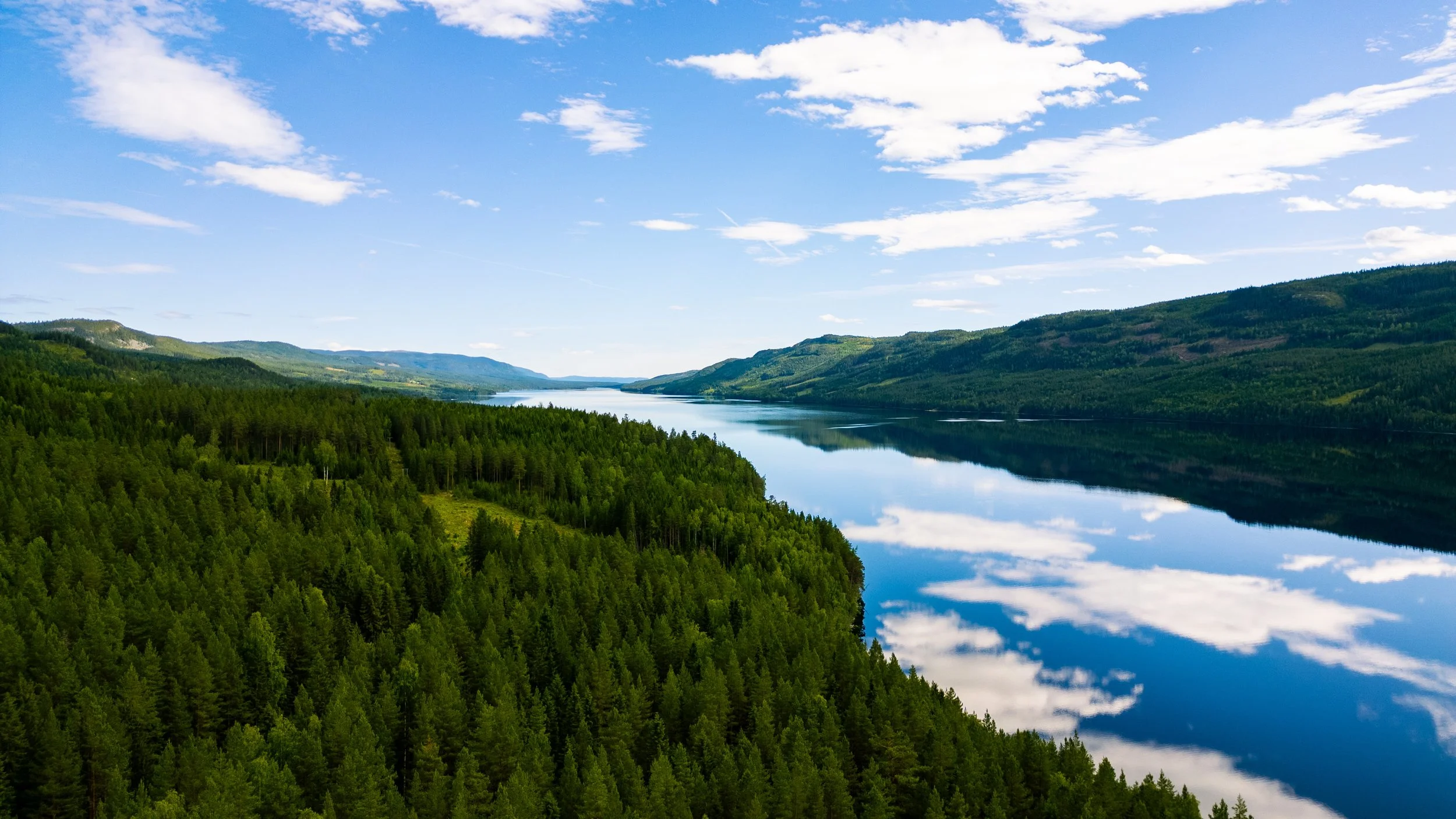 A scenic view of a river flowing through lush green forests on both sides with rolling hills and mountains in the distance under a partly cloudy blue sky.