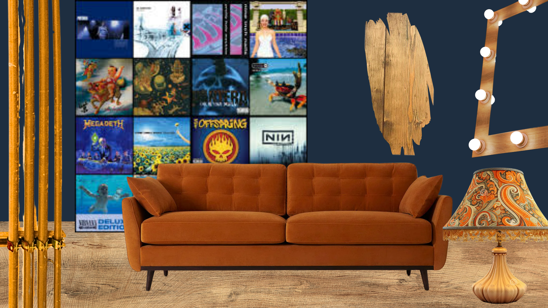 Living room with a brown sofa, a wall decorated with various album covers, a wooden wall art piece, a lamp with a patterned shade, and a vintage mirror. The floor is wooden and the wall behind the sofa is dark blue.