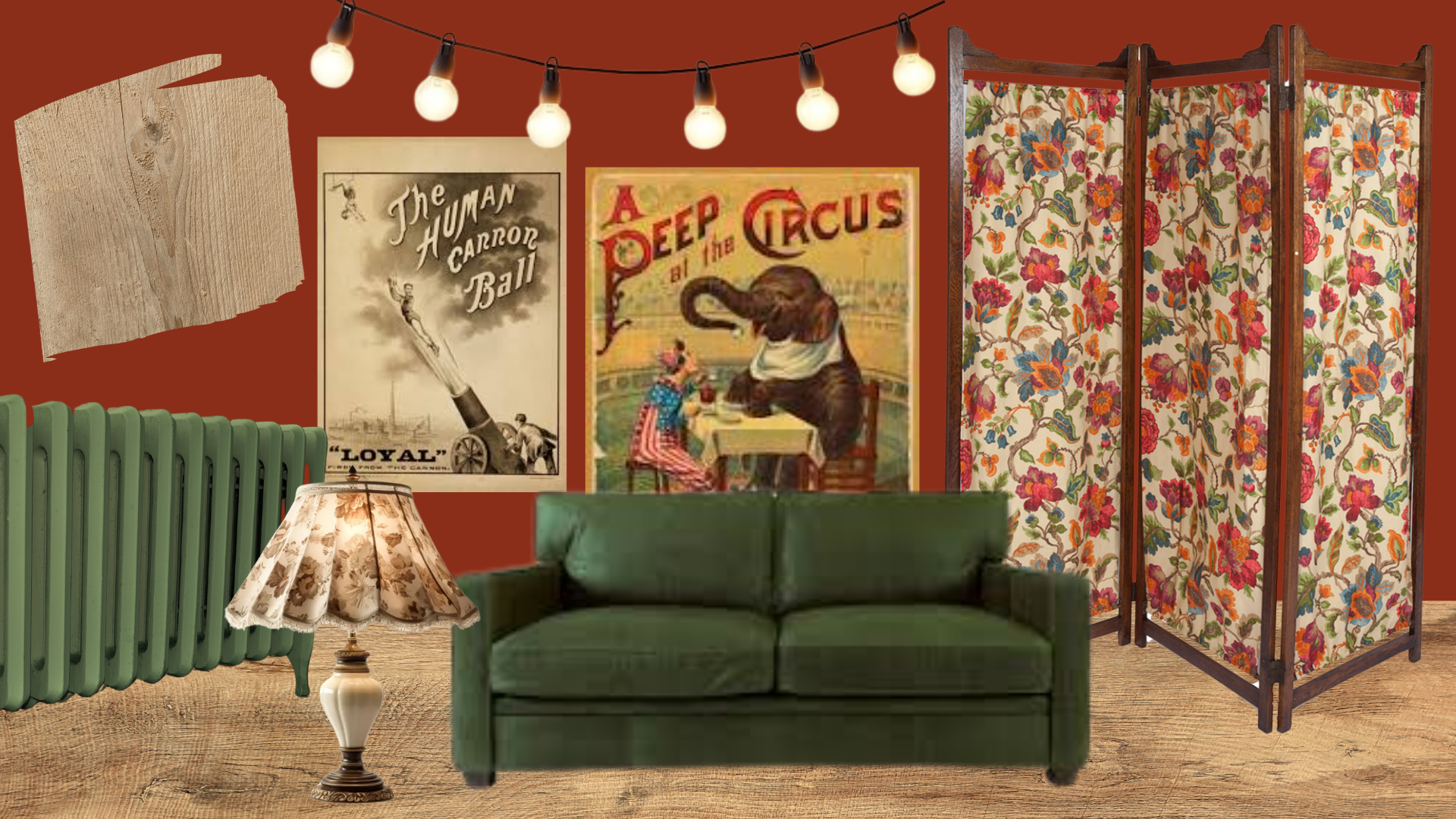 Cozy room with vintage circus posters on a red wall, string lights, a green radiator, a floral table lamp, a green sofa, and a floral room divider.