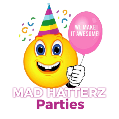 Smiling yellow emoji with big eyes wearing a colorful party hat, holding a pink balloon with the text 'WE MAKE IT AWESOME!', and the words 'MAD HATTERZ Parties' below.
