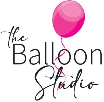 Logo with pink balloon and text 'the Balloon Studio' in black script and regular fonts.