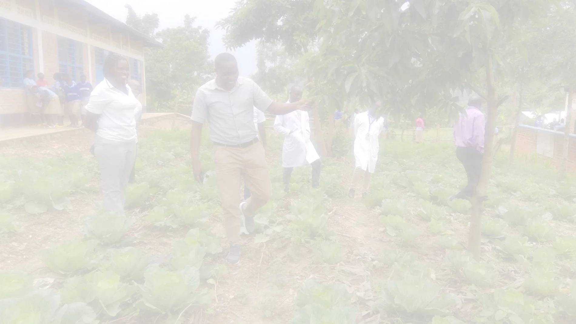 Groupe de personnes dans un jardin, dont certains portent des blouses blanches, probablement lors d'une visite ou d'une Inspection dans une plantation de légumes ou de cultures agricoles.