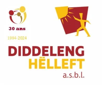 Logo célébrant les 30 ans de Diddelng Helleft, avec une illustration de quatre personnages stylisés et du texte en français et en néerlandais.