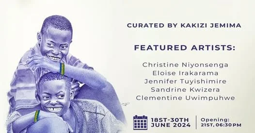 Affiche d'une exposition mettant en avant une photographie en noir et blanc de deux enfants souriants, un garçon plus âgé et une fille plus jeune, avec des informations sur la curatrice, des artistes et la date de l'événement en juin 2024.