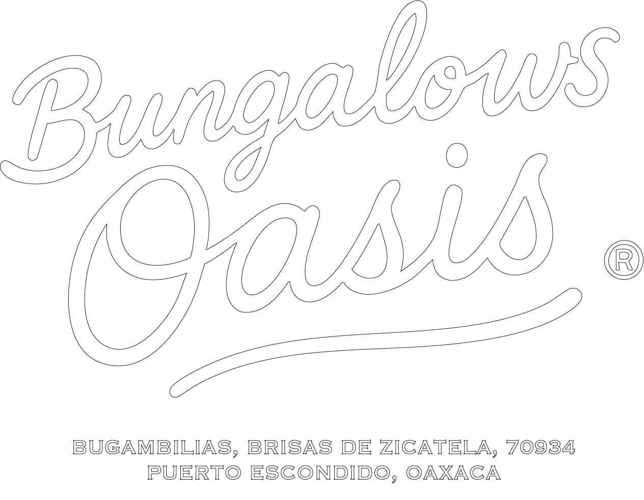 Logotipo blanco y negro que dice "Bungalows Oasis" con dirección en Puerto Escondido, Oaxaca.