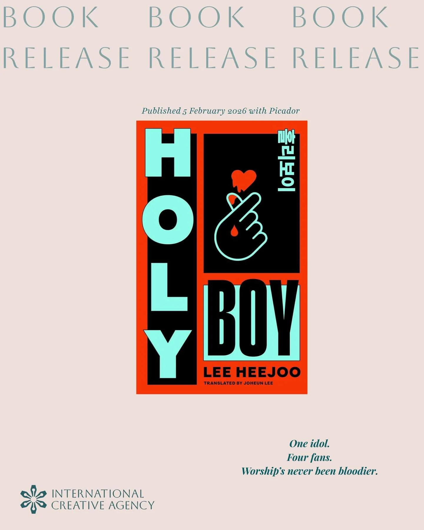 Happy publication day to our client and translator Joheun Lee! HOLY BOY, out today, follows four obsessed women who kidnap a K-Pop idol with unexpected and devastating results. 

Published by Picador in the UK and Harper Via in the US. 

✨Swipe to se