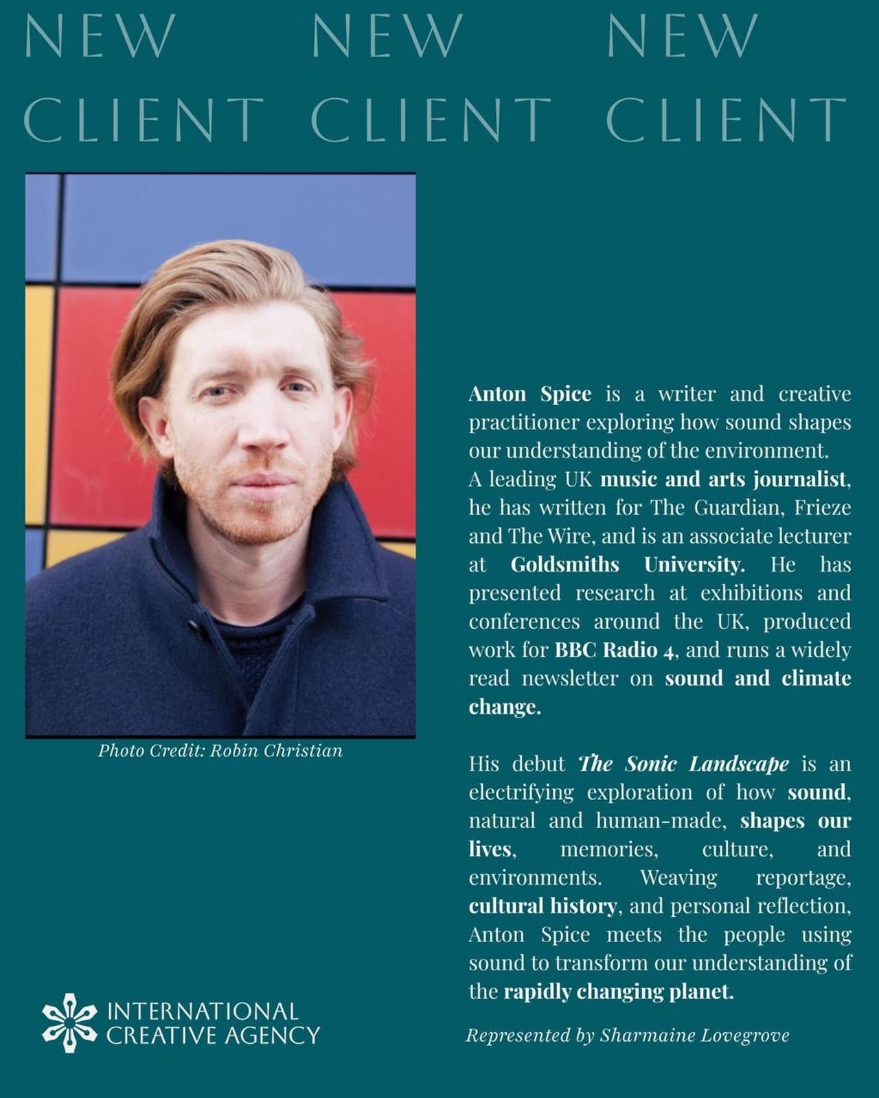 Introducing our new client Anton Spice! His work examines the cultural and political potential of listening, revealing new perspectives on climate change and ecological crisis.

Expansive in scope yet grounded in sensory detail, his debut THE SONIC L