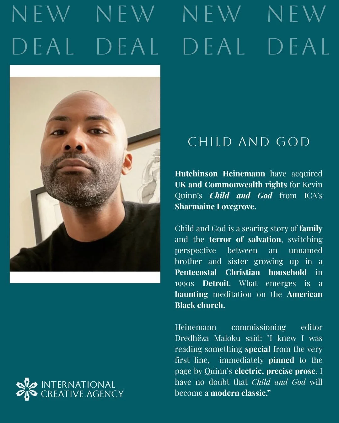 We are delighted to announce that Hutchinson Heinemann have acquired UK and Commonwealth rights for Kevin Quinn&rsquo;s CHILD AND GOD! 
North American rights sold in January to Jordan Pavlin and John Ingold at Knopf.

Congrats to @kevinquinnreads and