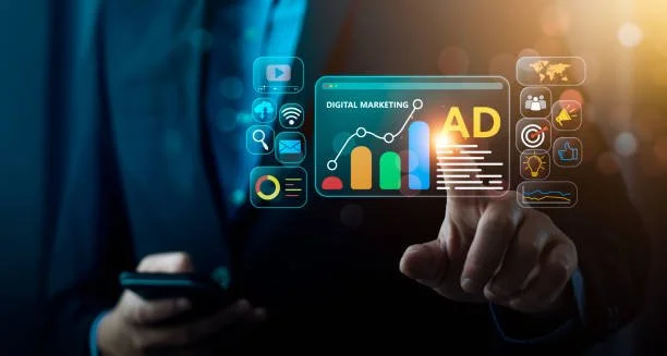 Person interacting with a digital marketing-focused virtual interface displaying graphs and icons for analytics, social media, Wi-Fi, and marketing metrics.