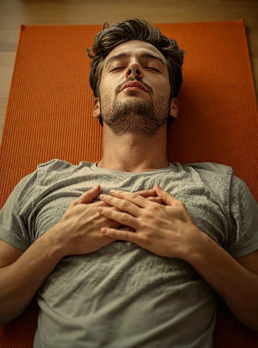 Man lying on a yoga mat with his hands on his chest, eyes closed, appearing relaxed.