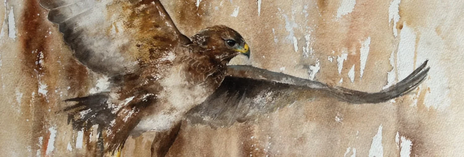 A segment of a larger painting of a buzzard in flight with wings aloft. It almost merges with a rusty background, in harmony with its surroundings.