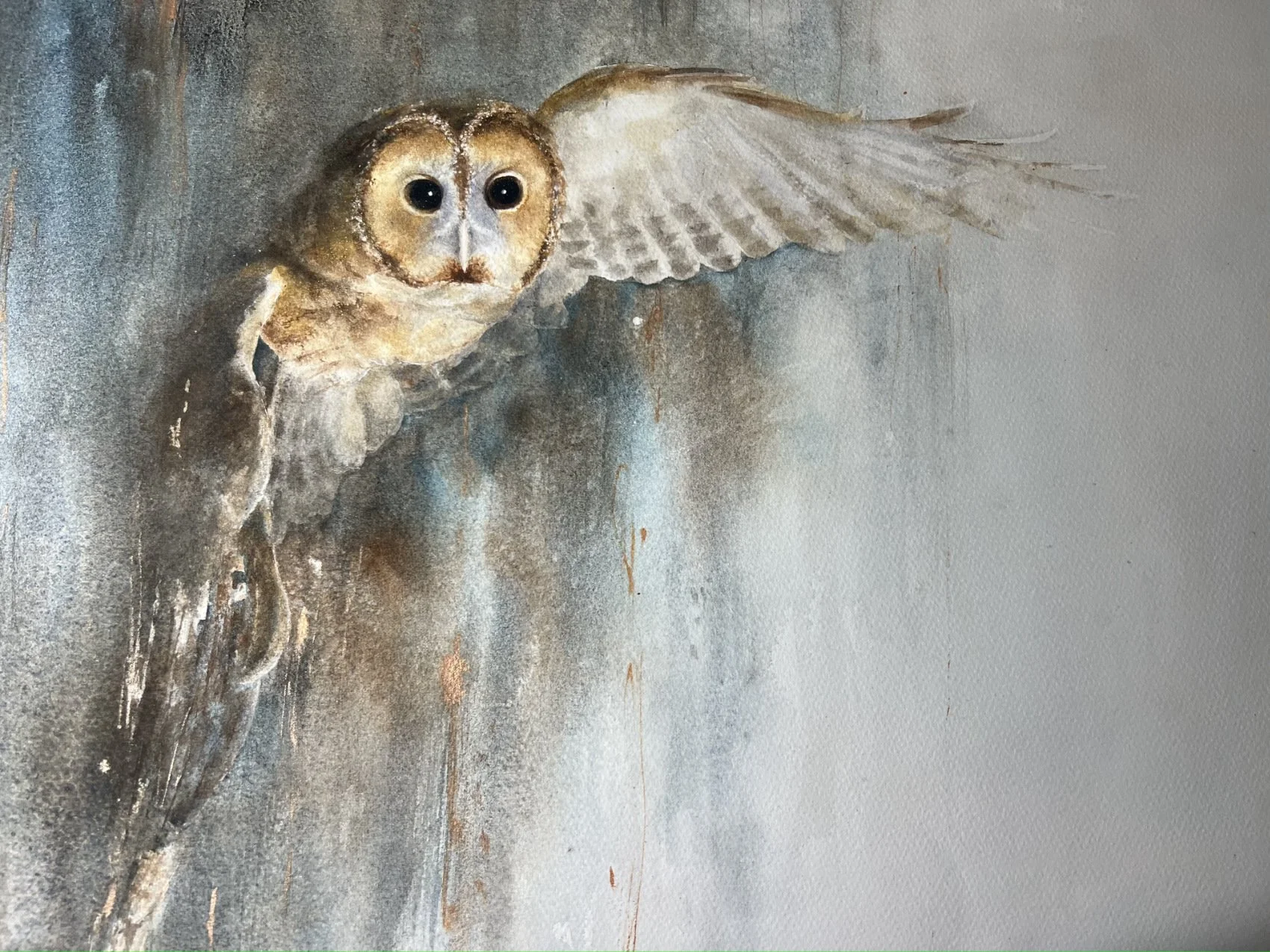 Dramatic watercolour painting of a tawny owl appearing out of the night sky
