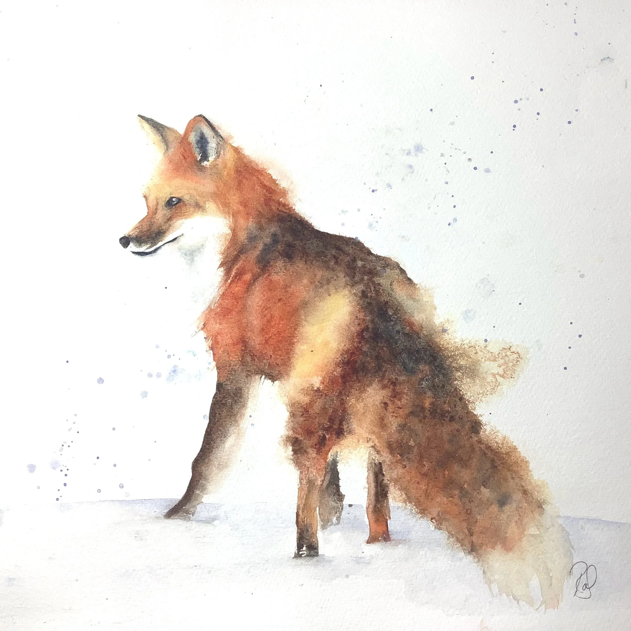 watercolour painting of a fox stepping out into a snowy landscape