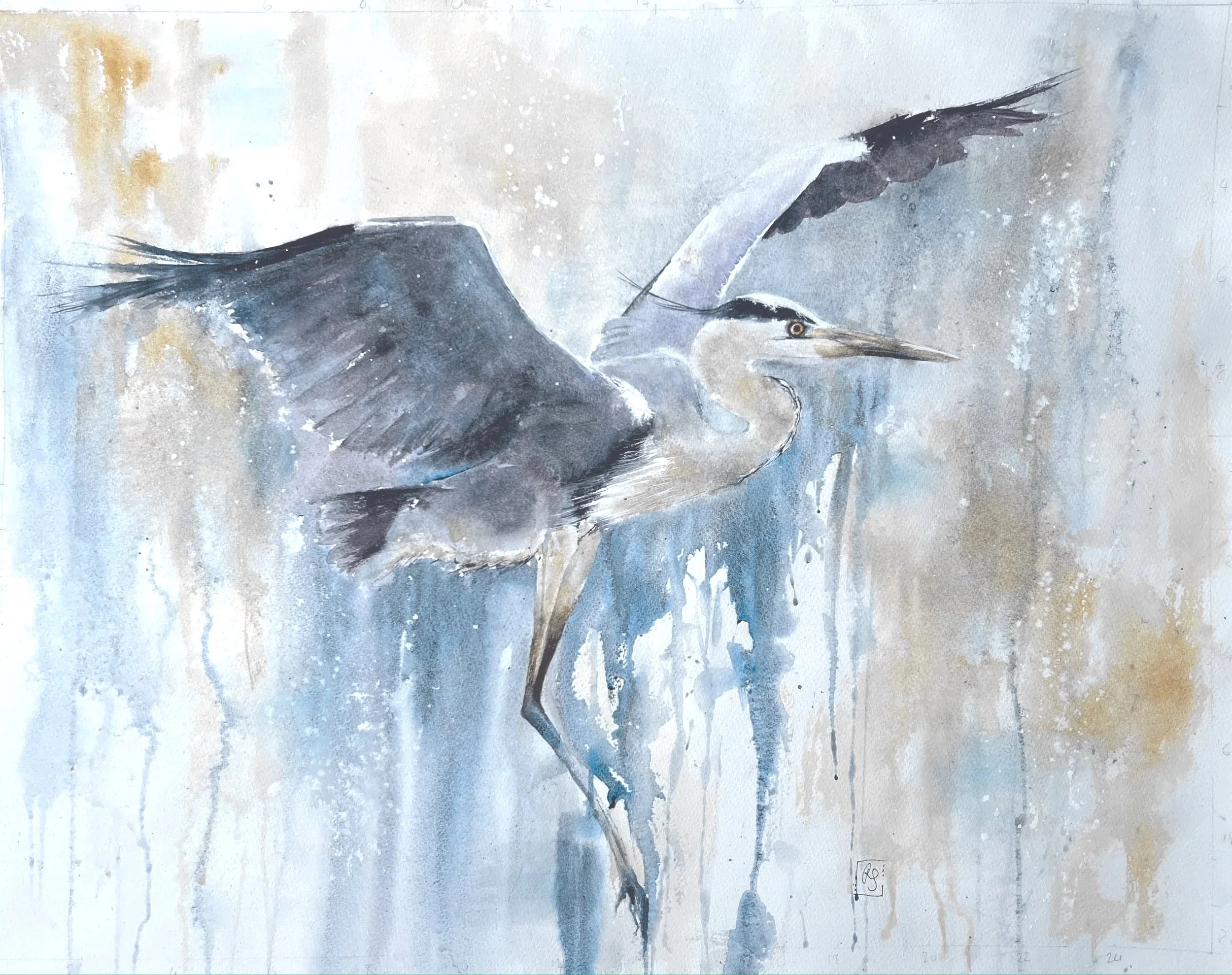Semi-abstract watercolour painting of a heron in flight with wings outstretched