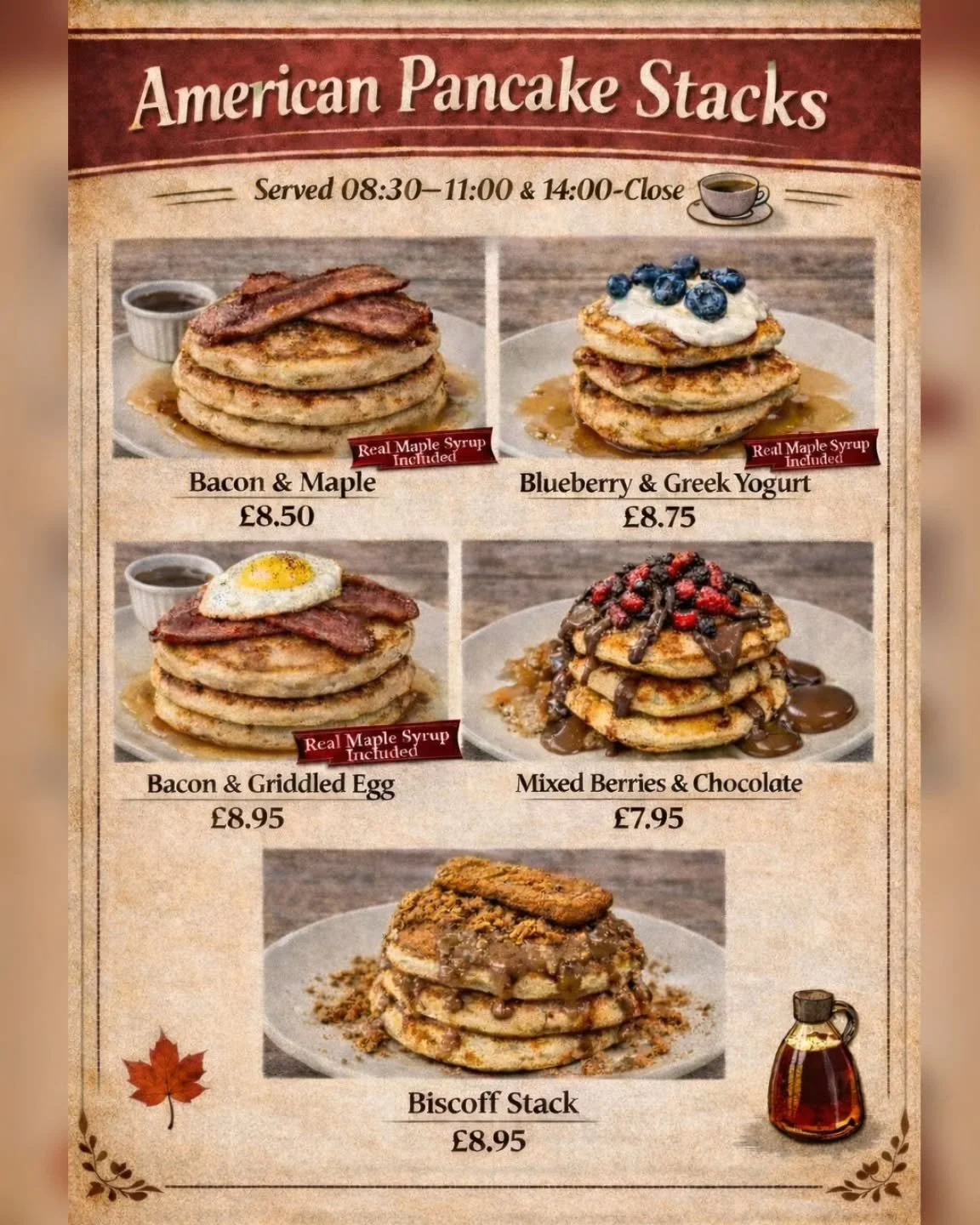 Breakfast and Afternoon Treats 🥞
We&rsquo;ve had loads of customers asking, so we&rsquo;ve added them.
Our American Pancake Stacks are now on the menu.
Served 08:30&ndash;11:00 and 14:00&ndash;Close &mdash; perfect for a proper breakfast or a mid-af