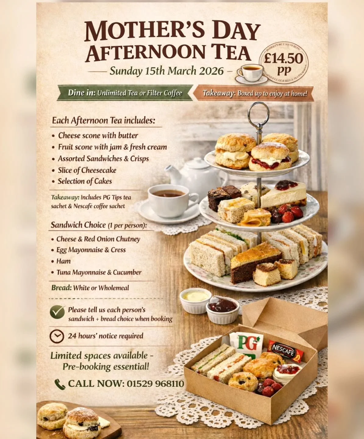 MOTHER&rsquo;S DAY AFTERNOON TEA 💐
Treat Mum to something she&rsquo;ll actually love.
🗓 Sunday 15th March 2026
💷 &pound;14.50 per person
☕ Dine in: Unlimited tea or filter coffee
📦 Takeaway: Boxed up to enjoy at home
⏰ 24 hours&rsquo; notice requ