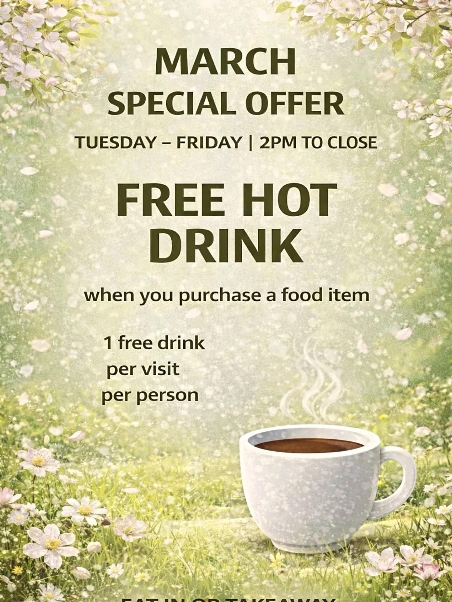 🌿 March Special Offer 🌿
FREE hot drink when you purchase any food item ☕️🥪
Tuesday&ndash;Friday | 2pm to close
✅ Eat in or takeaway
✅ 1 free drink per visit, per person

If you love a cosy caf&eacute; deal, hit follow &mdash; we post offers + new 
